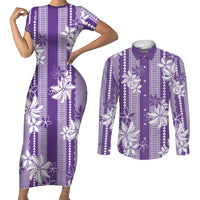 Hawaii Kakau Tribal Couples Matching Short Sleeve Bodycon Dress and Long Sleeve Button Shirt With Purple Tiare