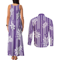 Hawaii Kakau Tribal Couples Matching Tank Maxi Dress and Long Sleeve Button Shirt With Purple Tiare