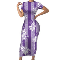 Hawaii Kakau Tribal Family Matching Short Sleeve Bodycon Dress and Hawaiian Shirt With Purple Tiare