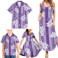 Hawaii Kakau Tribal Family Matching Summer Maxi Dress and Hawaiian Shirt With Purple Tiare