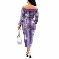 Hawaii Kakau Tribal Off The Shoulder Long Sleeve Dress With Purple Tiare LT05 - Polynesian Pride