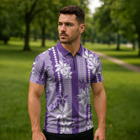 Hawaii Kakau Tribal Zipper Polo Shirt With Purple Tiare