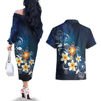 Hawaii Honu Couples Matching Off The Shoulder Long Sleeve Dress and Hawaiian Shirt Polynesian Curves Plumeria - Polynesian Pride