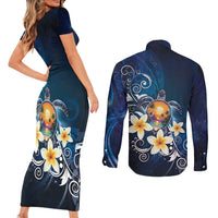 Hawaii Honu Couples Matching Short Sleeve Bodycon Dress and Long Sleeve Button Shirt Polynesian Curves Plumeria - Polynesian Pride