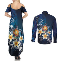 Hawaii Honu Couples Matching Summer Maxi Dress and Long Sleeve Button Shirt Polynesian Curves Plumeria - Polynesian Pride