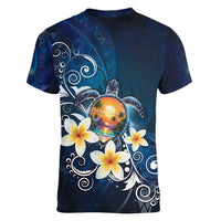 Hawaii Honu Women V-Neck T-Shirt Polynesian Curves Plumeria - Polynesian Pride