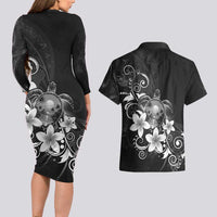 Hawaii Honu Couples Matching Long Sleeve Bodycon Dress and Hawaiian Shirt Polynesian Curves Plumeria Grayscale - Polynesian Pride