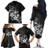 Hawaii Honu Family Matching Off The Shoulder Long Sleeve Dress and Hawaiian Shirt Polynesian Curves Plumeria Grayscale - Polynesian Pride