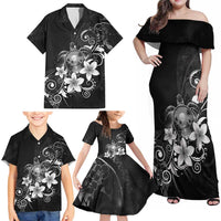 Hawaii Honu Family Matching Off Shoulder Maxi Dress and Hawaiian Shirt Polynesian Curves Plumeria Grayscale - Polynesian Pride