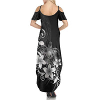 Hawaii Honu Family Matching Summer Maxi Dress and Hawaiian Shirt Polynesian Curves Plumeria Grayscale - Polynesian Pride