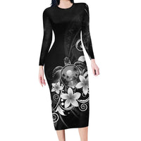 Hawaii Honu Long Sleeve Bodycon Dress Polynesian Curves Plumeria Grayscale - Polynesian Pride