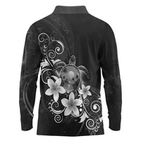 Hawaii Honu Long Sleeve Polo Shirt Polynesian Curves Plumeria Grayscale - Polynesian Pride