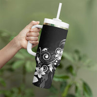 Hawaii Honu Tumbler With Handle Polynesian Curves Plumeria Grayscale - Polynesian Pride