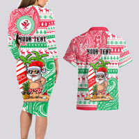 Personalized Hawaii Christmas Couples Matching Long Sleeve Bodycon Dress and Hawaiian Shirt Santa Claus Surf Mele Kalikimaka LT05 - Polynesian Pride