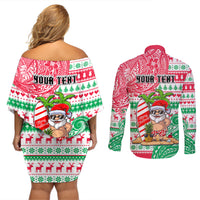 Personalized Hawaii Christmas Couples Matching Off Shoulder Short Dress and Long Sleeve Button Shirts Santa Claus Surf Mele Kalikimaka LT05 - Polynesian Pride