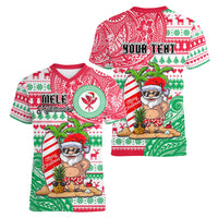 Personalized Hawaii Christmas Women V Neck T Shirt Santa Claus Surf Mele Kalikimaka LT05 - Polynesian Pride