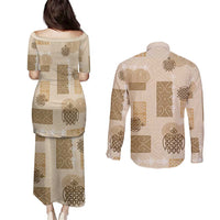 Vintage Lapita Couples Matching Puletasi and Long Sleeve Button Shirt Iconic Double Face Pattern Beige