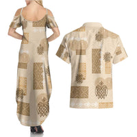 Vintage Lapita Couples Matching Summer Maxi Dress and Hawaiian Shirt Iconic Double Face Pattern Beige