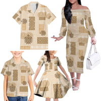 Vintage Lapita Family Matching Off The Shoulder Long Sleeve Dress and Hawaiian Shirt Iconic Double Face Pattern Beige
