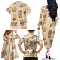 Vintage Lapita Family Matching Off The Shoulder Long Sleeve Dress and Hawaiian Shirt Iconic Double Face Pattern Beige