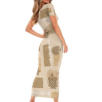 Vintage Lapita Family Matching Short Sleeve Bodycon Dress and Hawaiian Shirt Iconic Double Face Pattern Beige