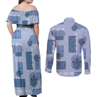 Vintage Lapita Couples Matching Off Shoulder Maxi Dress and Long Sleeve Button Shirt Iconic Double Face Pattern Blue LT05 - Polynesian Pride