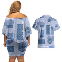 Vintage Lapita Couples Matching Off Shoulder Short Dress and Hawaiian Shirt Iconic Double Face Pattern Blue