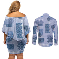 Vintage Lapita Couples Matching Off Shoulder Short Dress and Long Sleeve Button Shirt Iconic Double Face Pattern Blue