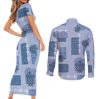 Vintage Lapita Couples Matching Short Sleeve Bodycon Dress and Long Sleeve Button Shirt Iconic Double Face Pattern Blue