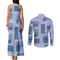 Vintage Lapita Couples Matching Tank Maxi Dress and Long Sleeve Button Shirt Iconic Double Face Pattern Blue