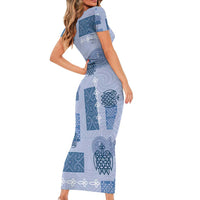 Vintage Lapita Family Matching Short Sleeve Bodycon Dress and Hawaiian Shirt Iconic Double Face Pattern Blue