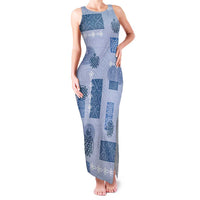 Vintage Lapita Family Matching Tank Maxi Dress and Hawaiian Shirt Iconic Double Face Pattern Blue
