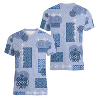 Vintage Lapita Women V-Neck T-Shirt Iconic Double Face Pattern Blue