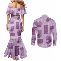 Vintage Lapita Couples Matching Mermaid Dress and Long Sleeve Button Shirt Iconic Double Face Pattern Violet
