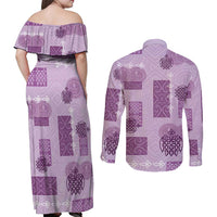 Vintage Lapita Couples Matching Off Shoulder Maxi Dress and Long Sleeve Button Shirt Iconic Double Face Pattern Violet
