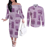 Vintage Lapita Couples Matching Off The Shoulder Long Sleeve Dress and Long Sleeve Button Shirt Iconic Double Face Pattern Violet