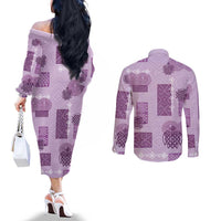 Vintage Lapita Couples Matching Off The Shoulder Long Sleeve Dress and Long Sleeve Button Shirt Iconic Double Face Pattern Violet