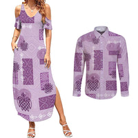 Vintage Lapita Couples Matching Summer Maxi Dress and Long Sleeve Button Shirt Iconic Double Face Pattern Violet