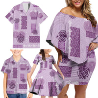 Vintage Lapita Family Matching Off Shoulder Short Dress and Hawaiian Shirt Iconic Double Face Pattern Violet