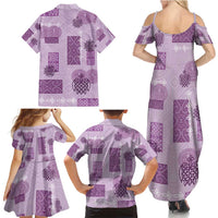 Vintage Lapita Family Matching Summer Maxi Dress and Hawaiian Shirt Iconic Double Face Pattern Violet