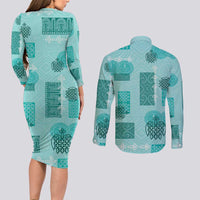 Vintage Lapita Couples Matching Long Sleeve Bodycon Dress and Long Sleeve Button Shirt Iconic Double Face Pattern Turquoise LT05