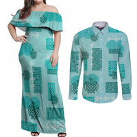 Vintage Lapita Couples Matching Off Shoulder Maxi Dress and Long Sleeve Button Shirt Iconic Double Face Pattern Turquoise LT05 Turquoise - Polynesian Pride