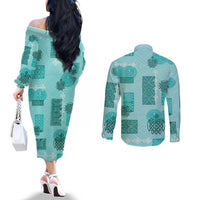 Vintage Lapita Couples Matching Off The Shoulder Long Sleeve Dress and Long Sleeve Button Shirt Iconic Double Face Pattern Turquoise LT05