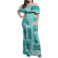 Vintage Lapita Family Matching Off Shoulder Maxi Dress and Hawaiian Shirt Iconic Double Face Pattern Turquoise LT05