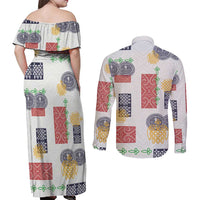 Vintage Lapita Couples Matching Off Shoulder Maxi Dress and Long Sleeve Button Shirt Iconic Double Face Pattern
