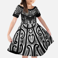 Custom New Zealand Fishing Family Matching Puletasi and Hawaiian Shirt Aotearoa Maori Koru LT05 Daughter's Dress Black - Polynesian Pride