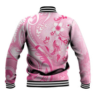 Personalised Memorial Pink Breast Cancer Awareness Baseball Jacket Plumeria Floral Tribal Pattern - Polynesian Pride