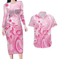 Personalised Memorial Pink Breast Cancer Awareness Couples Matching Long Sleeve Bodycon Dress and Hawaiian Shirt Plumeria Floral Tribal Pattern LT05 Pink - Polynesian Pride
