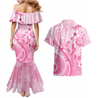 Personalised Memorial Pink Breast Cancer Awareness Couples Matching Mermaid Dress and Hawaiian Shirt Plumeria Floral Tribal Pattern - Polynesian Pride