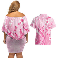 Personalised Memorial Pink Breast Cancer Awareness Couples Matching Off Shoulder Short Dress and Hawaiian Shirt Plumeria Floral Tribal Pattern LT05 - Polynesian Pride